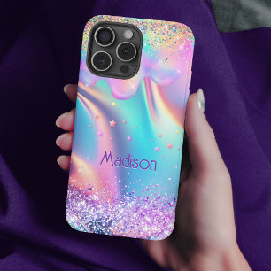 Chic holografisches Einhorn-Tropf-Glitzer-Monogram iPhone 16 Pro Hülle