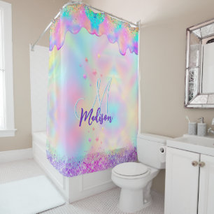 Chic holografisches Einhorn-Tropf-Glitzer-Monogram Duschvorhang