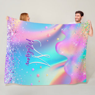 Chic holografisches Einhorn-Tropf-Glitzer-Monogram Fleecedecke
