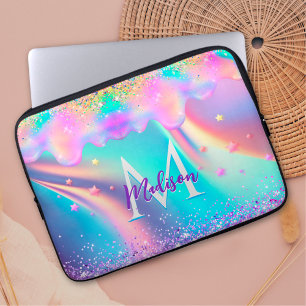Chic holografisches Einhorn-Tropf-Glitzer-Monogram Laptopschutzhülle