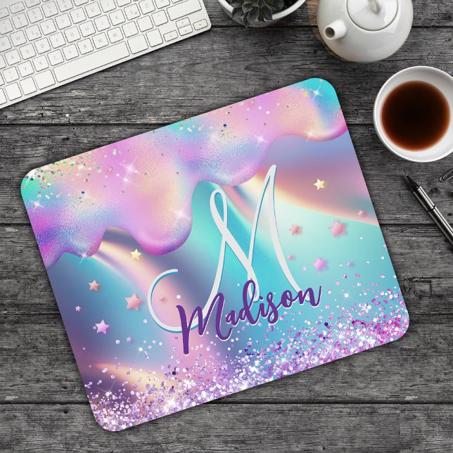 Chic holografisches Einhorn-Tropf-Glitzer-Monogram Mousepad (Von Creator hochgeladen)