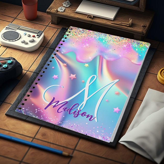 Chic holografisches Einhorn-Tropf-Glitzer-Monogram Notizblock (Von Creator hochgeladen)