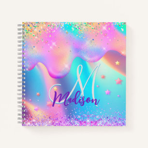 Chic holografisches Einhorn-Tropf-Glitzer-Monogram Notizbuch