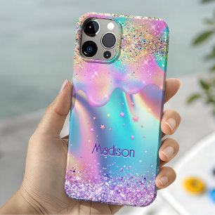 Chic holografisches Einhorn tropft Glitter Monogra iPhone 16 Hülle
