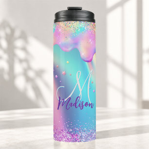 Chic holografisches Einhorn tropft Glitter Monogra Thermosbecher