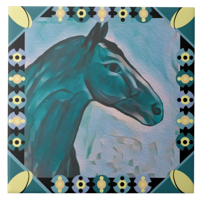 Chic Horse Head Türkis Aquamarin Blue Mix und Gelb Fliese (Vorderseite)