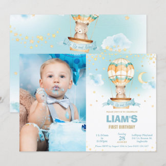 Chic Hot Air Ballon Teddy Bären Boy Birthday Foto Einladung