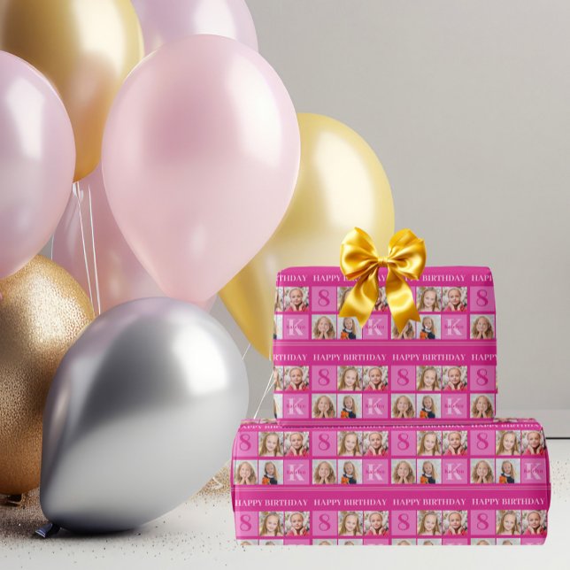 Chic Hot Pink Birthday Girl Custom Foto Collage Geschenkpapier (Von Creator hochgeladen)