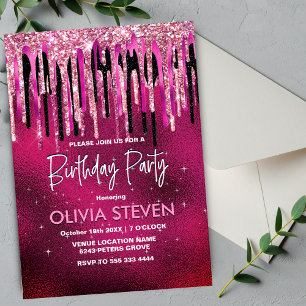 Chic hot pink black black drippings Glitzer monogr Einladung