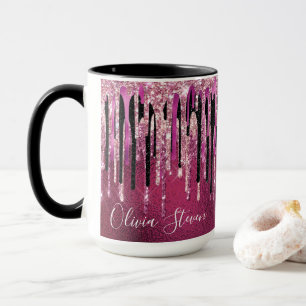 Chic hot pink black black drippings Glitzer monogr Tasse