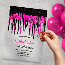 Chic Hot Pink Black Glitzer Tropfen Geburtstag Acryleinladungen