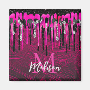 Chic hot pink Black Glitzer Tropfen Monogramm Magnet