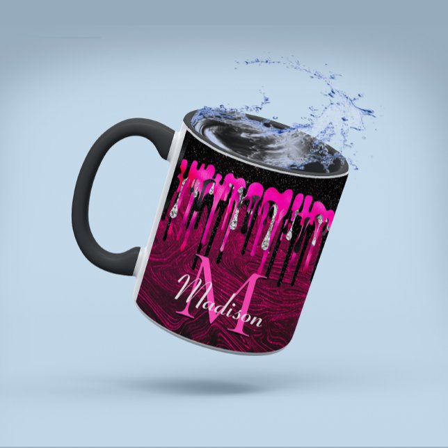 Chic hot pink Black Glitzer Tropfen Monogramm Tasse (Von Creator hochgeladen)