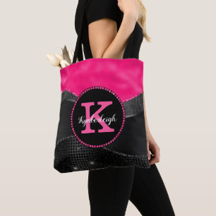 Chic Hot Pink Black Gray Waves Glam Monogram Name