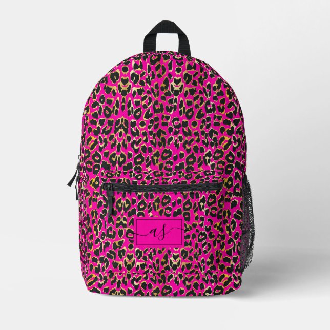 Chic Hot Pink & Black Leopard Print Mit Monogramm Bedruckter Rucksack (Vorderseite)
