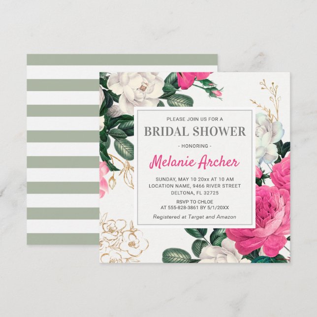 Chic Hot Pink Brautparty Wasserfarbe Peak Rose Einladung (Vorne/Hinten)