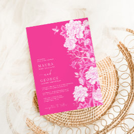 Chic Hot Pink Chinoiserie Blumengarten Hochzeit Einladung