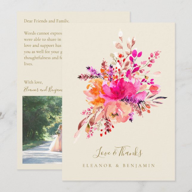 Chic Hot Pink Floral Wedding Photo Custom Message Dankeskarte (Vorne/Hinten)