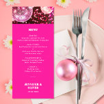 Chic Hot Pink Glitzer Retro Disco Balls Hochzeit Menükarte<br><div class="desc">Liebe du den 80er? Liebe du Diskobälle? Das Chic Hot Pink Glitzer Retro Disco Balls Wedding Menu bietet farbenfrohe Diskobälle,  umgeben von strahlend rosa Glitzer. Dieses schicke rosa Hochzeitsmenü ist perfekt für eine lustige und trendige Hochzeit.</div>