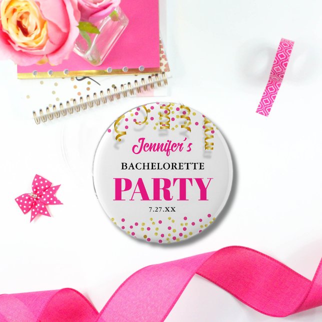 Chic Hot Pink & Gold Punkte Junggesellinnenabschie Button (Von Creator hochgeladen)
