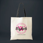 Chic Hot Pink Monogram Initial Script Name Tragetasche<br><div class="desc">Einfache Tasche ist mit Ihrem Vornamen über Ihrem Vornamen oder Nachnamen personalisiert,  der von heißen rosa Kreisen und Ihrem vollständigen Namen unten umgeben ist. Ideal für Sie,  für Ihre Brautmädchen,  einen Buchclub oder Geburtstagsgeschenke. MEHR Farben in unserem Geschäft.</div>