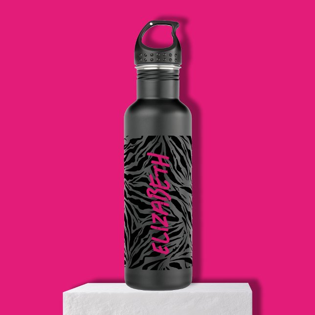 Chic Hot Pink Name auf Zebra Print Edelstahlflasche (Personalized chic zebra print on matte black stainless steel water bottle)