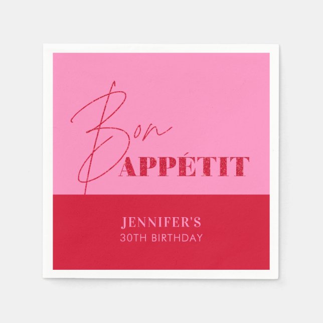 Chic Hot Pink Red Bon Appétit Script Geburtstag Serviette (Vorderseite)
