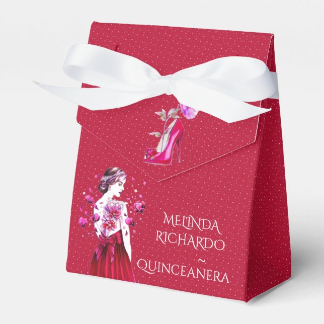 Chic Hot Pink Rote Nelken Quinceanera Party Geschenkschachtel (Vorderseite)