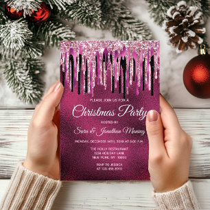 Chic hot pink schwarz drippings Glitzer Weihnachte Einladung