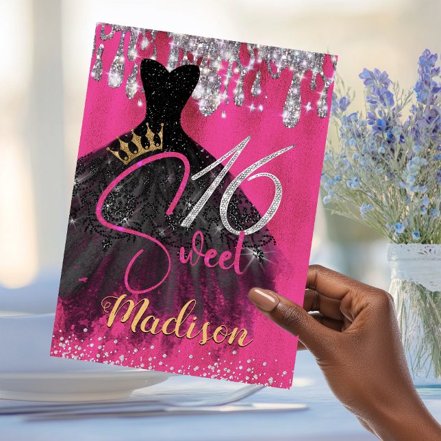 Chic hot pink silber Glitzer Tropfen süß 16 Einladung (Von Creator hochgeladen)