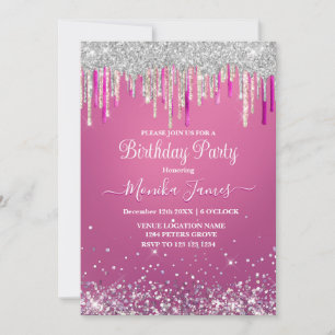 Chic Hot Pink Silver Dripps Glitzer Monogram Einladung