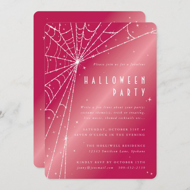 Chic Hot Pink Sparkling Spider Web-Halloween-Party Einladung (Vorne/Hinten)
