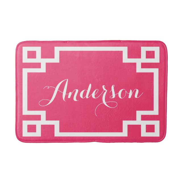 Chic Hot Pink und White Greece Key Custom Monogram Badematte (Vorderseite)