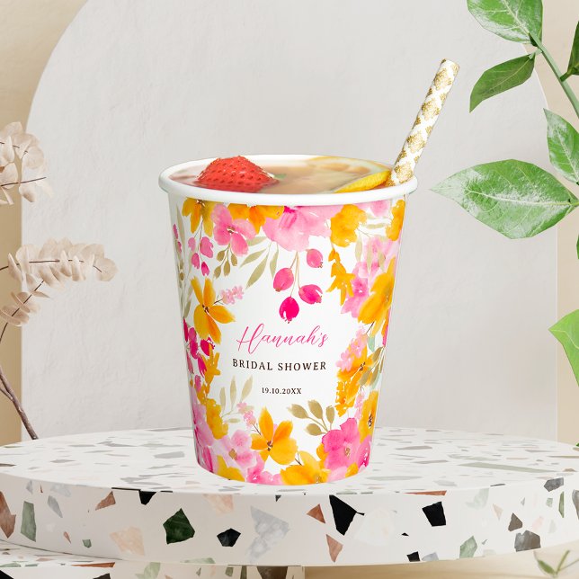 Chic hübsch-gelb-rosa Blumenbraun Pappbecher (Chic pretty yellow pink floral watercolor bridal paper cups)