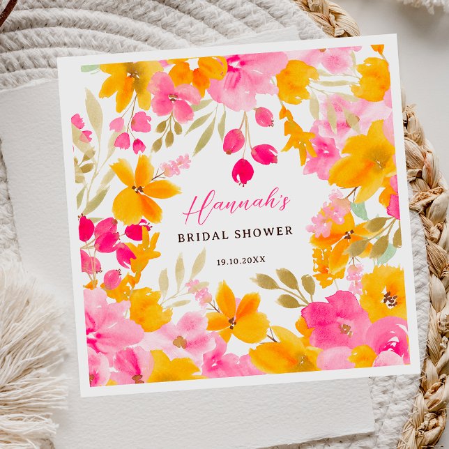 Chic hübsch-gelb-rosa Blumenbraun Serviette (Chic pretty yellow pink floral watercolor bridal napkins)