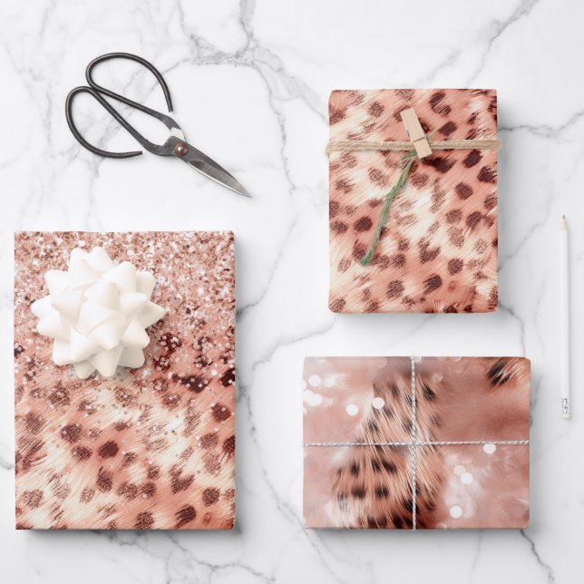 Chic Hübsch Girly Rose Gold Leopard Glitzer Liebe Geschenkpapier Set (Vorderseite)