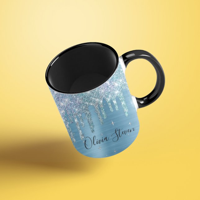 Chic ice blue aqua dripping Glitzer monogram Tasse (Von Creator hochgeladen)