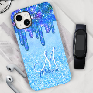 Chic ice blue ombre Glitzer Tropfen Monogramm Note Case-Mate iPhone 14 Hülle