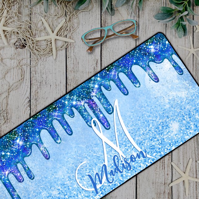 Chic ice blue ombre Glitzer Tropfen Monogramm Note Schreibtischunterlage (Von Creator hochgeladen)