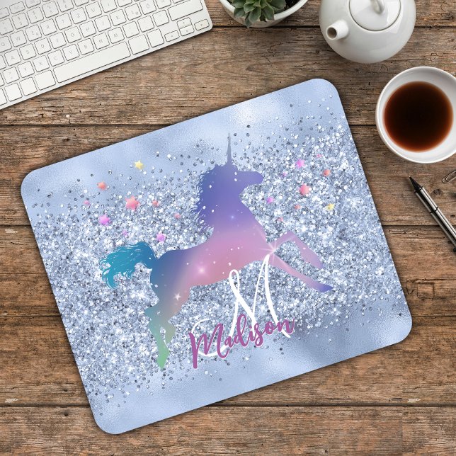 Chic ice blue unicoron Glitzer stars monogram Mousepad (Von Creator hochgeladen)