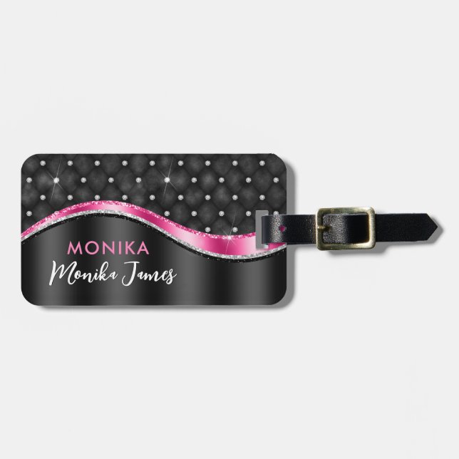 Chic Imitate gebürstetes Schwarz Fuchsia Monogramm Gepäckanhänger (Vorderseite horizontal)