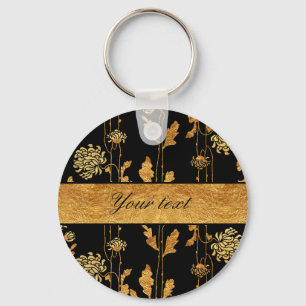 Chic Imitate Gold Foil Blume auf Black Schlüsselanhänger
