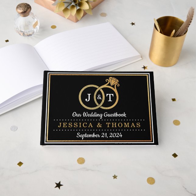 Chic Imitate Gold Foil Monogram Wedding Rings Gästebuch (Vorderseite Offen)