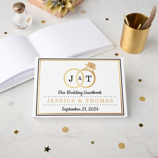 Chic Imitate Gold Foil Monogram Wedding Rings Gästebuch (Vorderseite Offen)