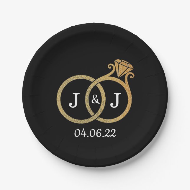 Chic Imitate Gold Foil Monogram Wedding Rings Pappteller (Vorderseite)