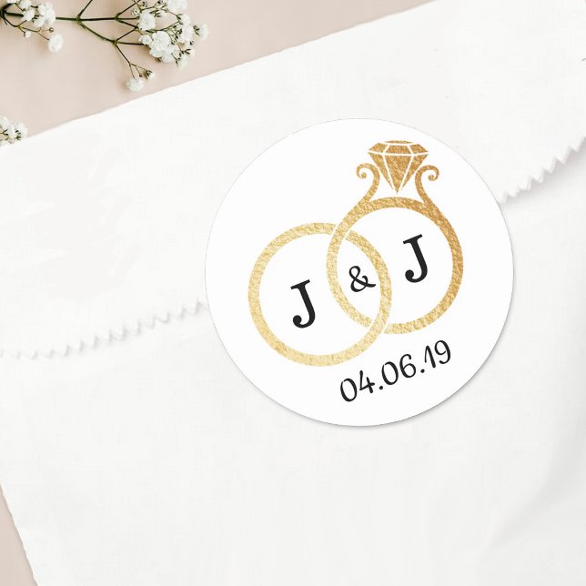 Chic Imitate Gold Foil Monogram Wedding Rings Runder Aufkleber (Von Creator hochgeladen)