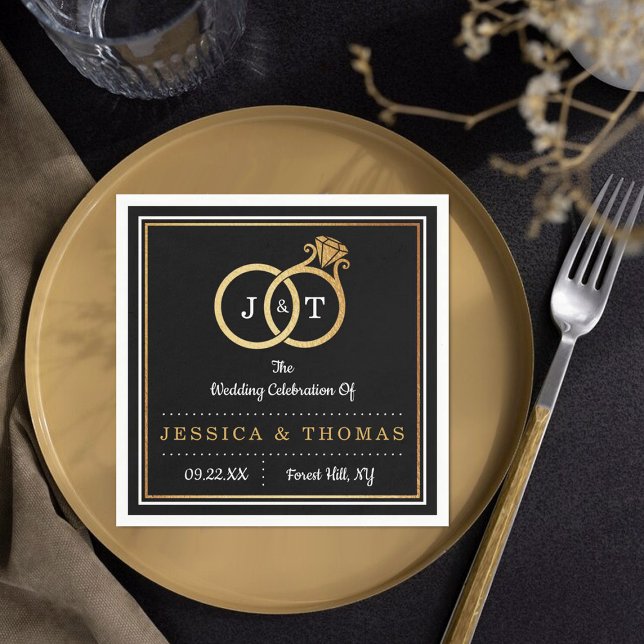 Chic Imitate Gold Foil Monogram Wedding Rings Serviette (Von Creator hochgeladen)