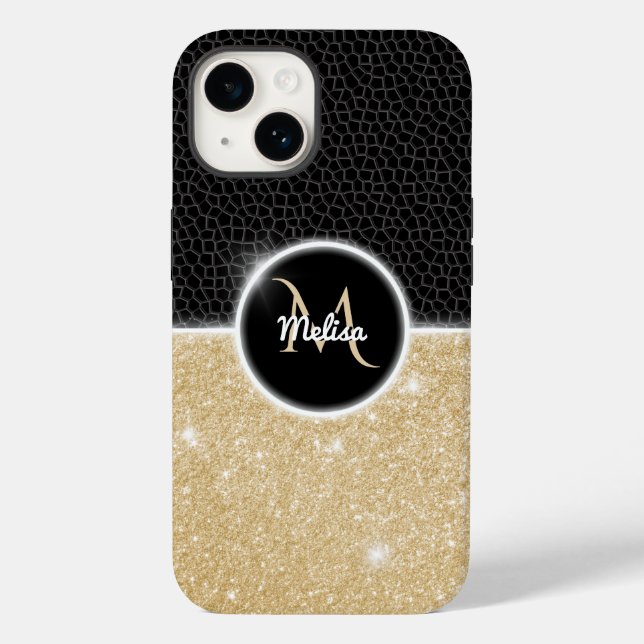 Chic Imitate Gold Glitzer Black Leather Monogram Case-Mate iPhone Hülle (Rückseite)