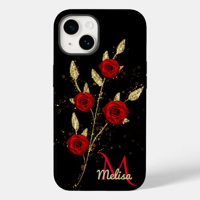 Chic Imitate Gold Glitzer Blätter Rote Rose Monogr Case-Mate iPhone Hülle (Rückseite)