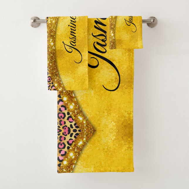 Chic Imitate Gold Glitzer Rosa Tierprint Monogram Badhandtuch Set (Insitu)